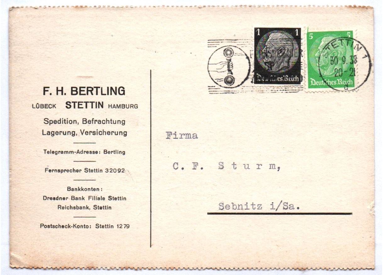 Stettin Alte Firmenkarte Bertling 1938 Spedition Lagerung Versicherung