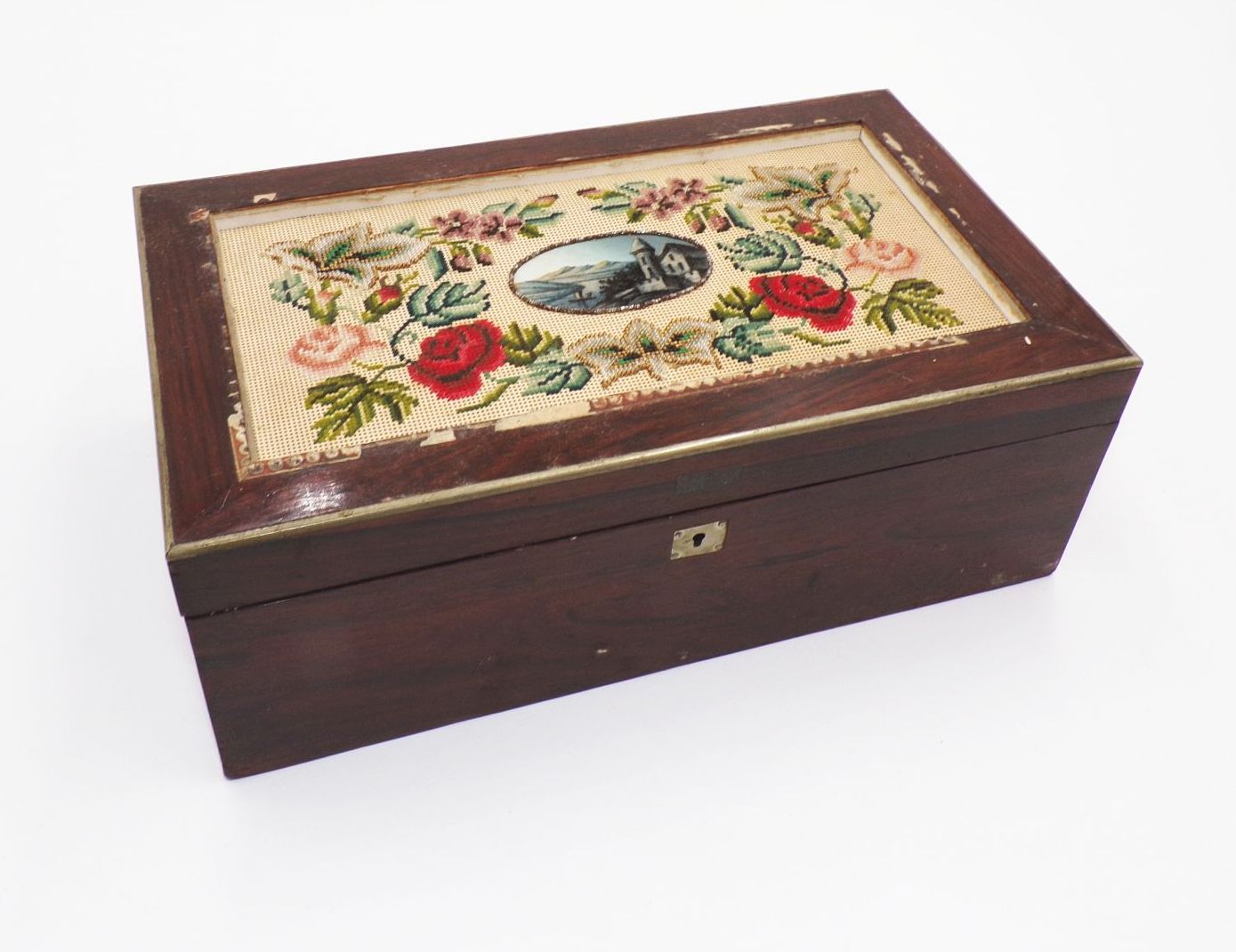 Alte Schatulle Holz Häkel Motiv Vintage Box Antik Truhe Deko