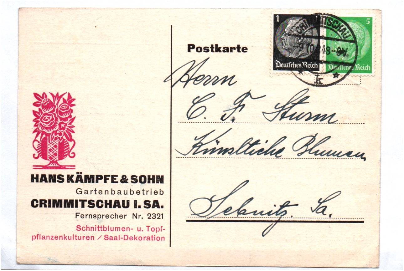 Firmen Postkarte Kämpfe u Sohn Gartenbau Crimmitschau 1934 Firmen Postkarte Kämpfe u Sohn Gartenbau Crimmitschau 1934