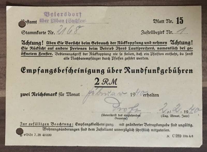 Empfangsbescheinigung über Rundfunkgebühren 2 Stück 1940 Beiersdorf