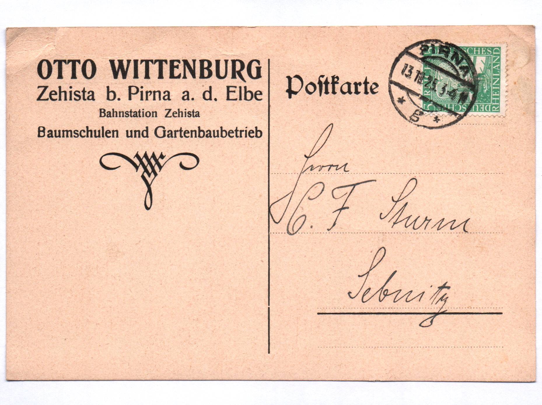 Postkarte Otto Wittenberg Zehista bei Pirna an der Elbe Bahnstation 1925 Postkarte Otto Wittenberg Zehista bei Pirna an der Elbe Bahnstation 1925