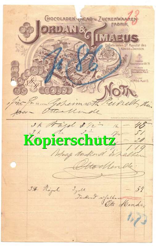 Litho Rechnung Nota Jordan & Timaeus Dresden um 1900 Schokolade !