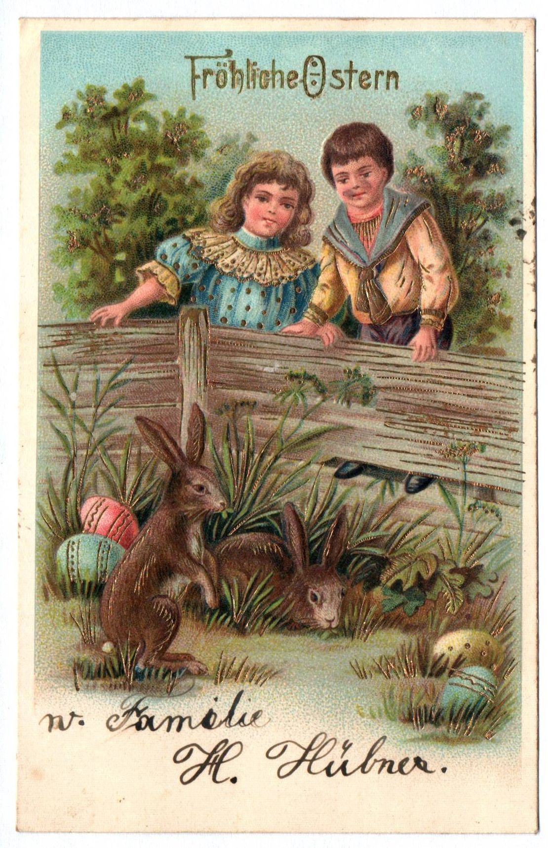 Künstler Ak Fröhliche Ostern Kinder am Zaun Hasen Ostereier 1909 geprägt Künstler Ak Fröhliche Ostern Kinder am Zaun Hasen Ostereier 1909 geprägt
