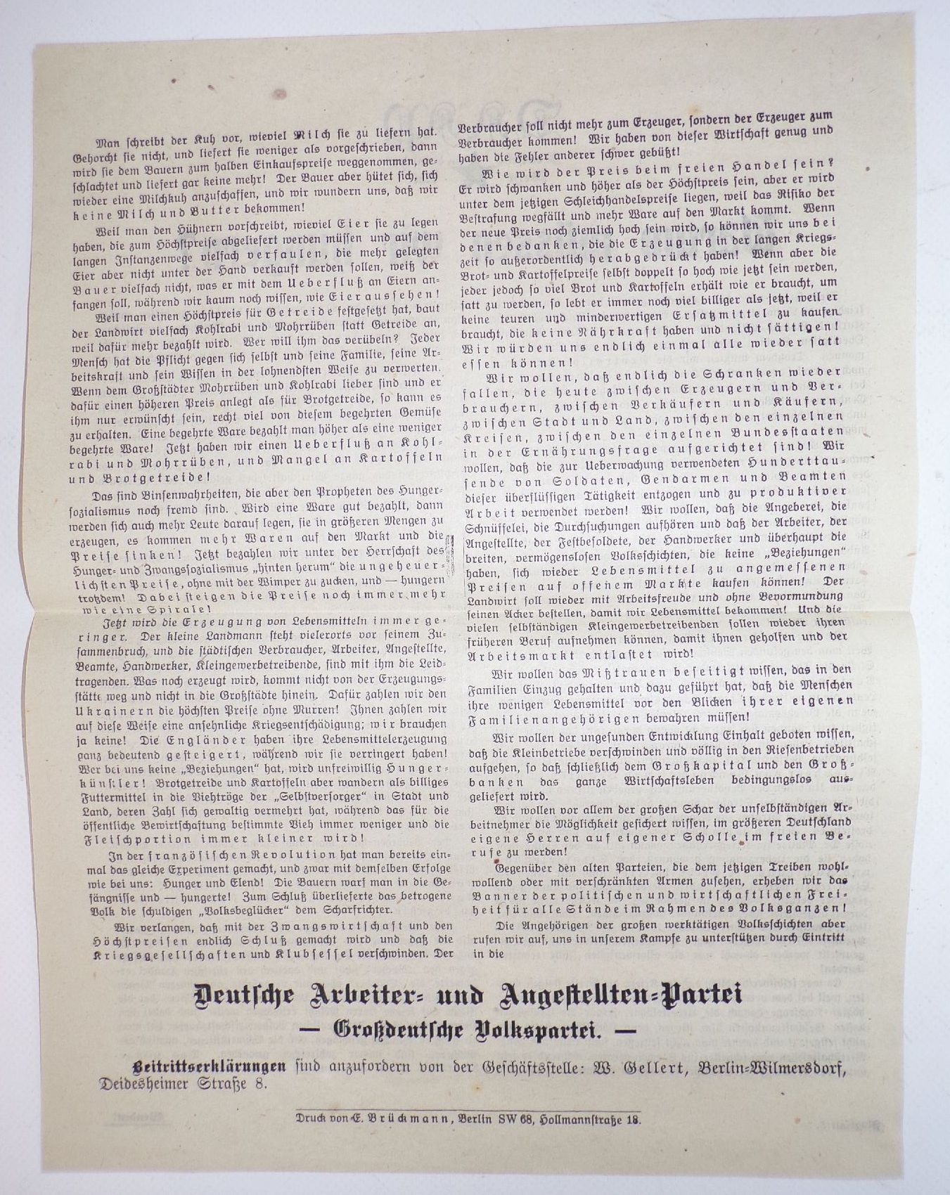 Flugblatt Deutsche Arbeiter und Angestellten Partei Großdeutsche Volkspartei 1920 er Weimarer Republik Politik Zeitzeugnis