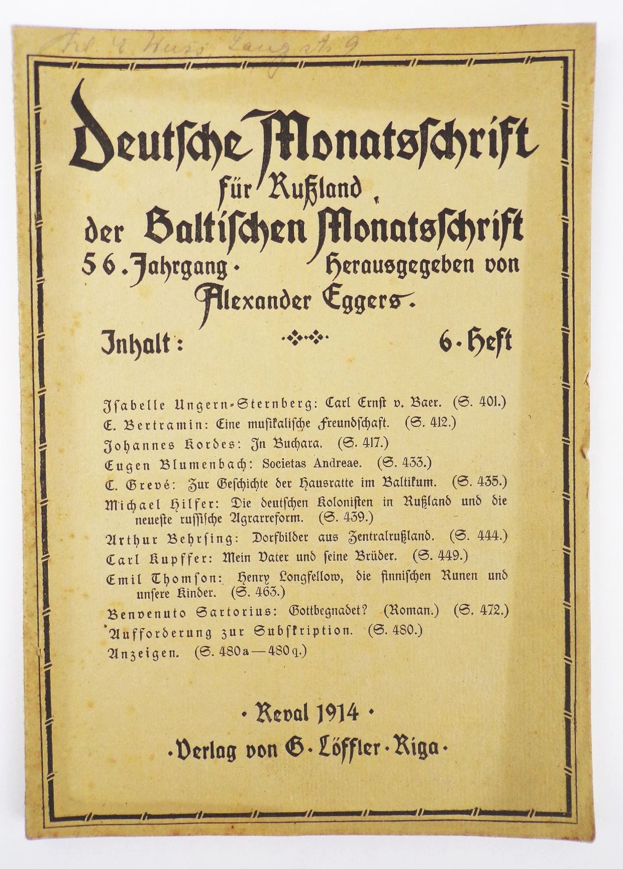 Deutsche Monatsschrift für Russland Alexander Eggers 6 Heft 1914 Reval 