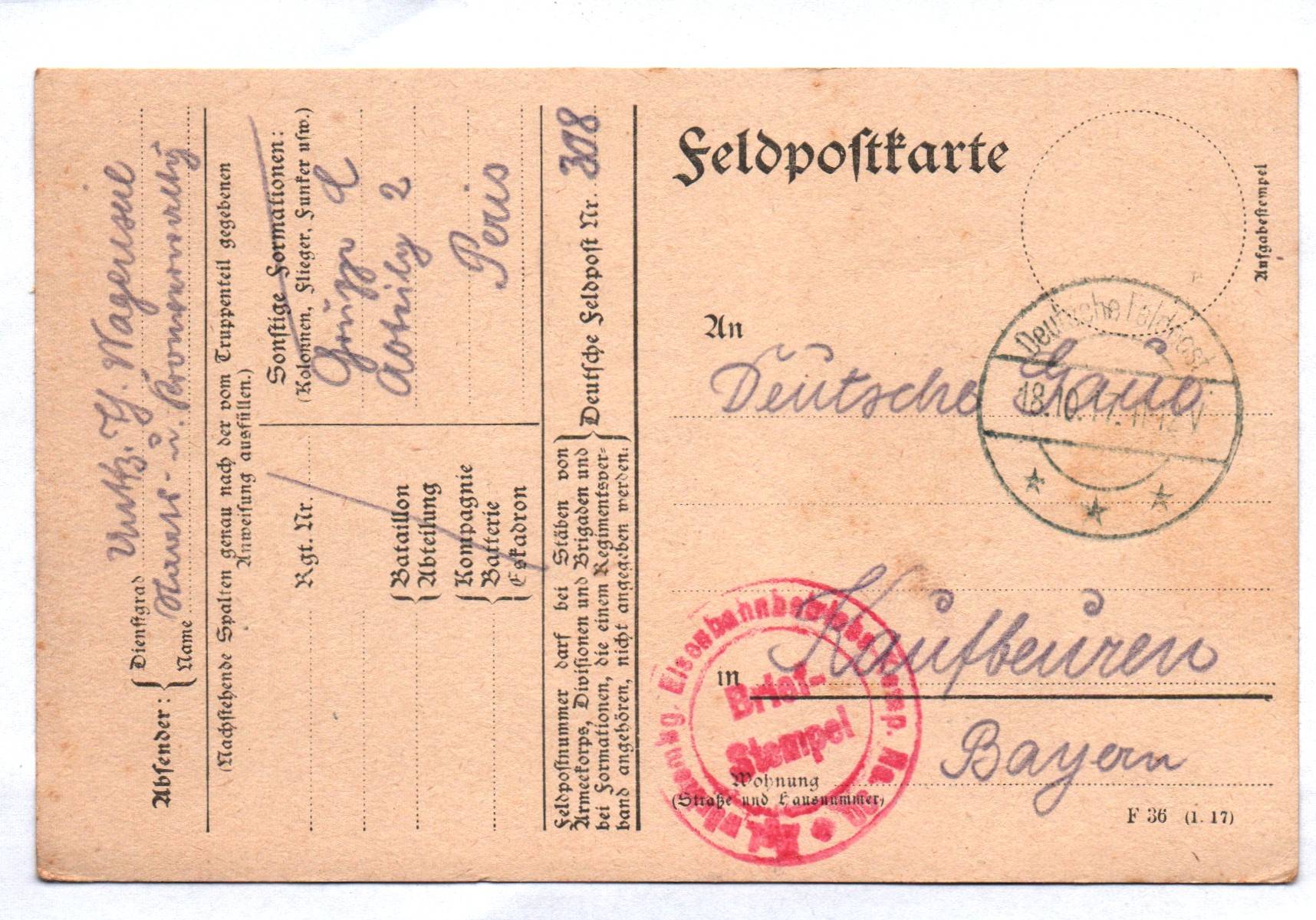 Feldpostkarte bayerische Eisebahn Bau Kompanie 2 Deutsche Feldpost 308