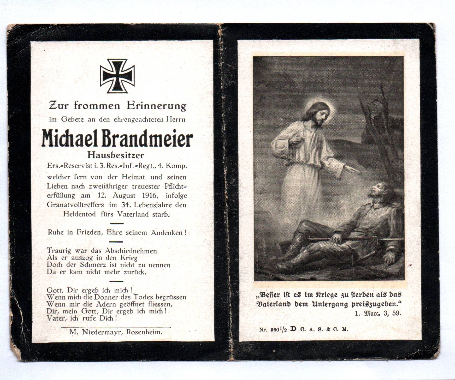 Gefallenenbild Ersatz Reservist 3 RIR Sterbebild Rosenheim Gefallenenbild Ersatz Reservist 3 RIR Sterbebild Rosenheim