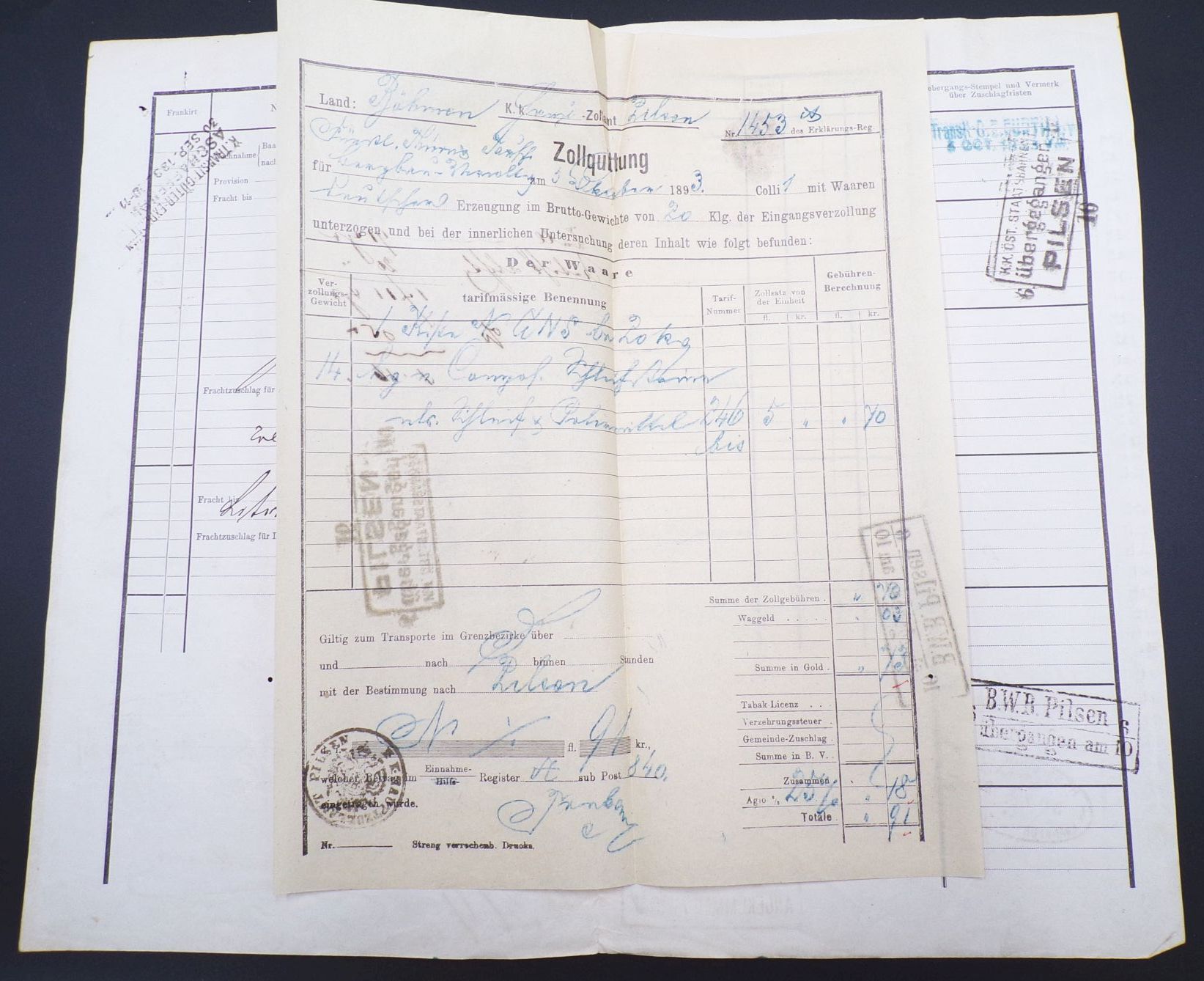 Frachtbrief Mathildezeche Bergbau Littitz Werk Pilsen nach Frankfurt 1893