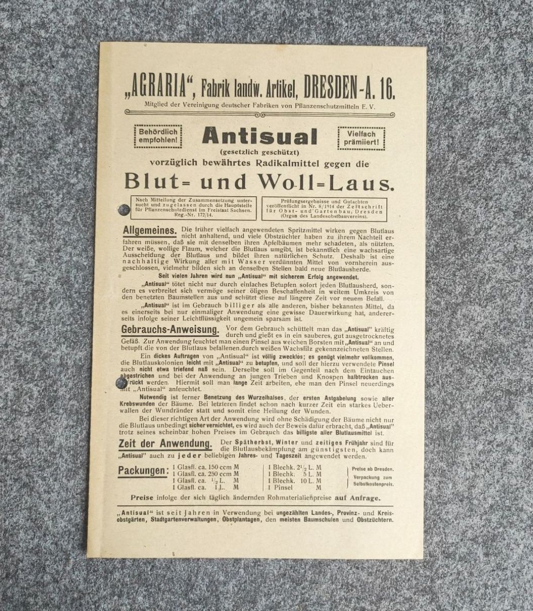 Alter Prospekt Antisual Fabrik landwirtschaftliche Artikel Dresden Alter Prospekt Antisual Fabrik landwirtschaftliche Artikel Dresden