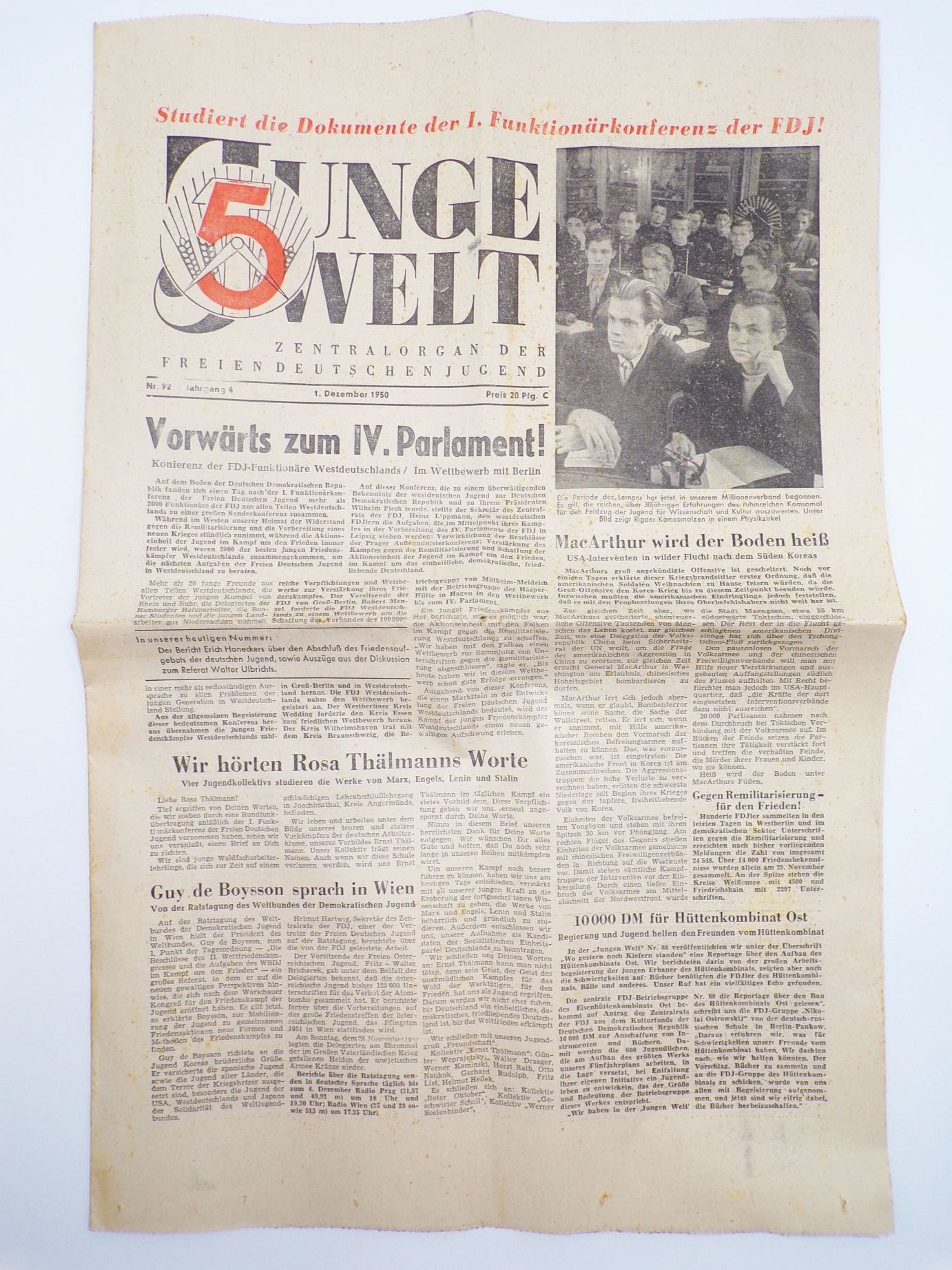 Junge Welt 1950 Nummer 92 DDR Zeitung IV Parlament 