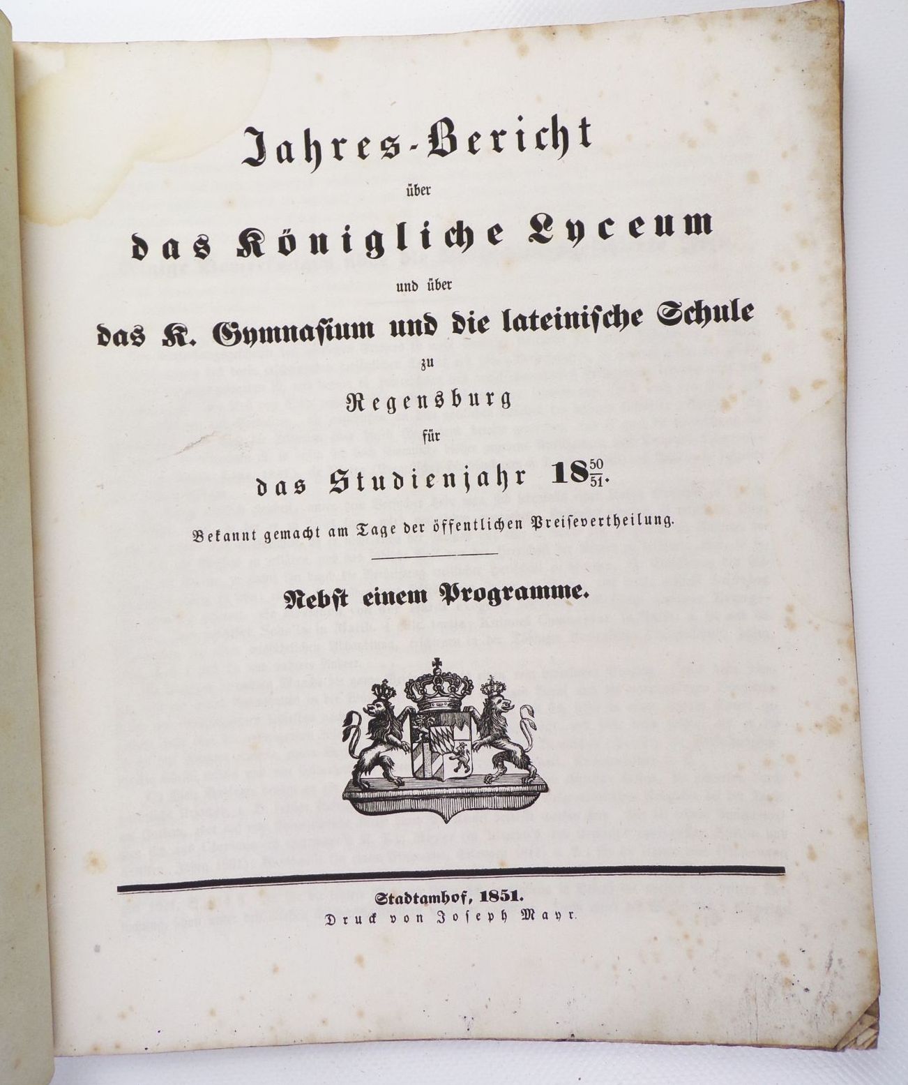 Jahresbericht kgl Lyceum Gymnasium lateinische Schule 1851 Regensburg 