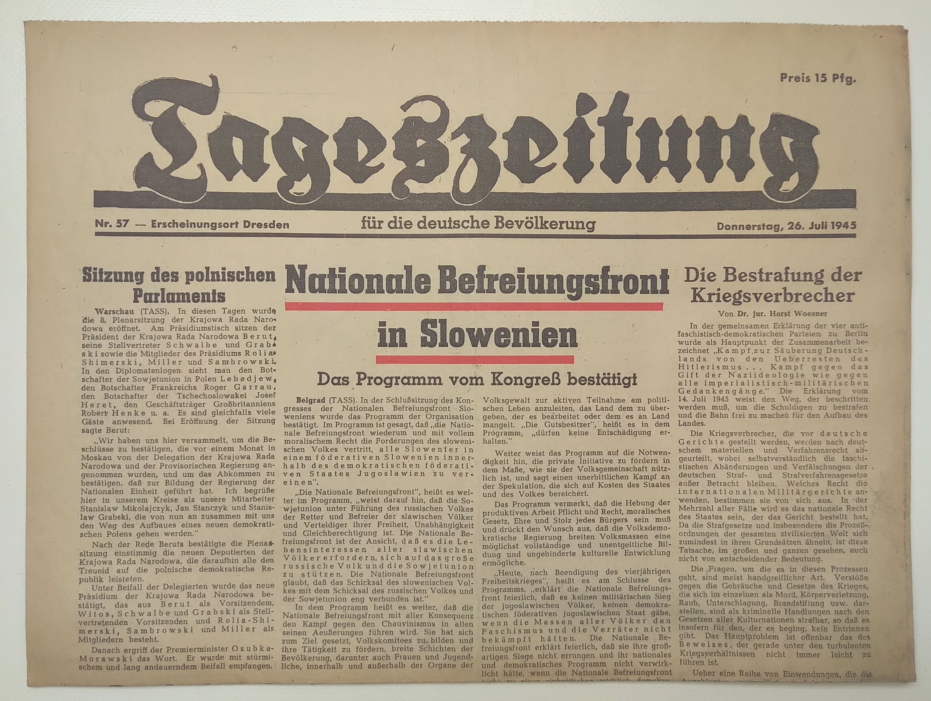 Tageszeitung Nationale Befreiungsfront in Slowenien 1945 Nr 57