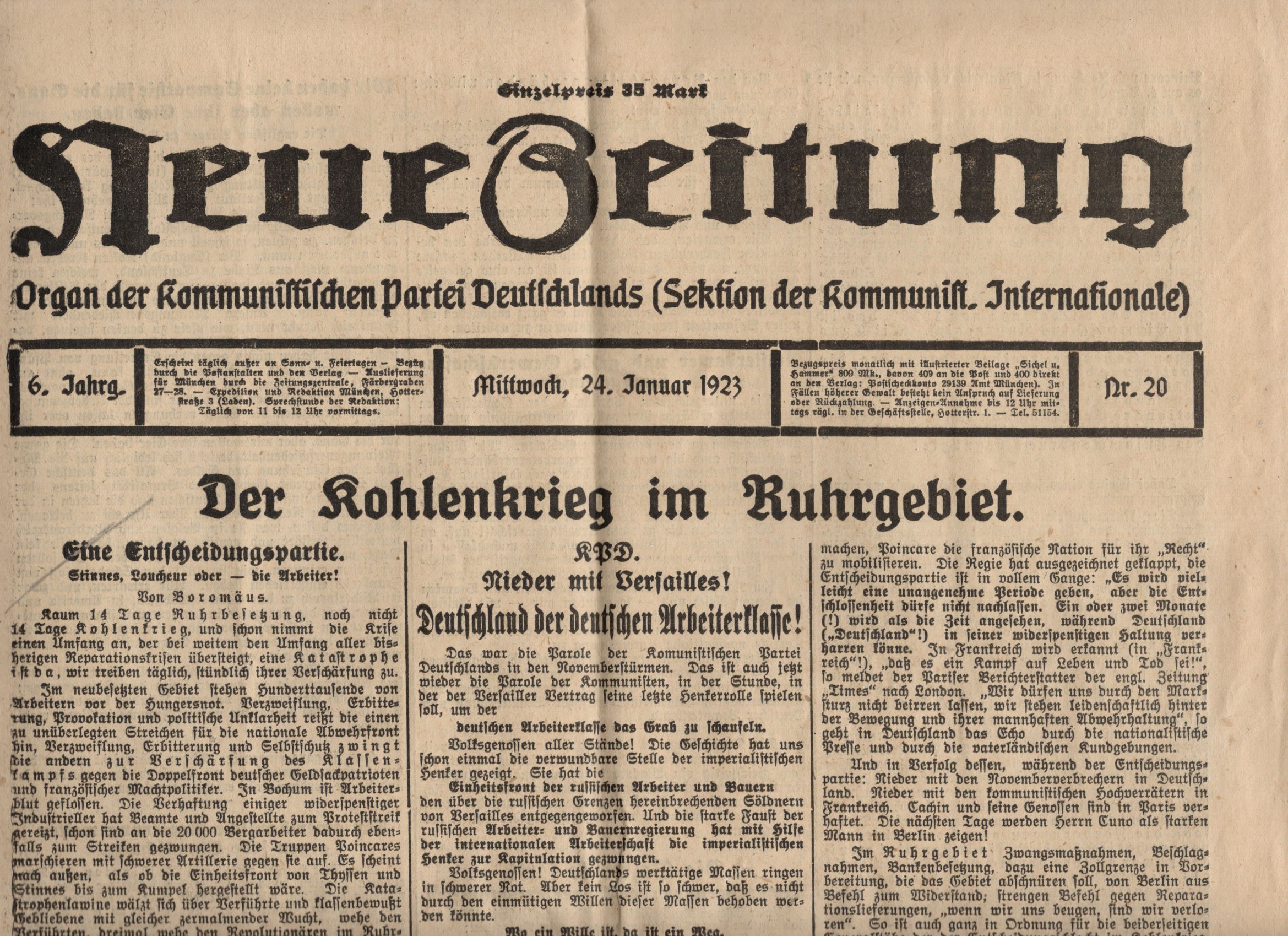 Neue Zeitung Der Kohlenkrieg im Ruhrgebiet 1923 Nr 20 KPD Zeitung