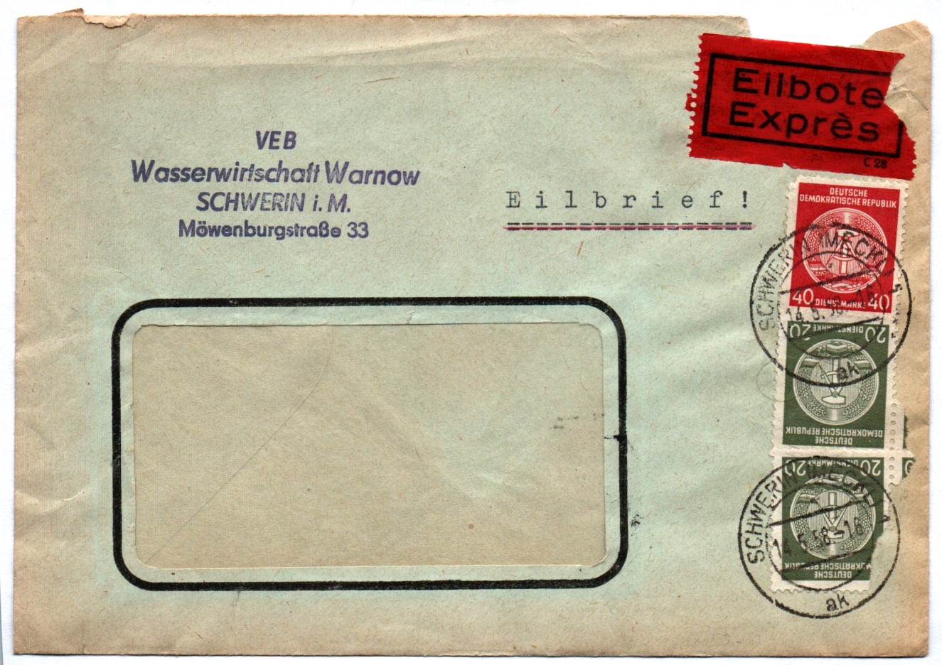 Eilbote Express VEB Wasserwirtschaft DDR Eilbrief 1958