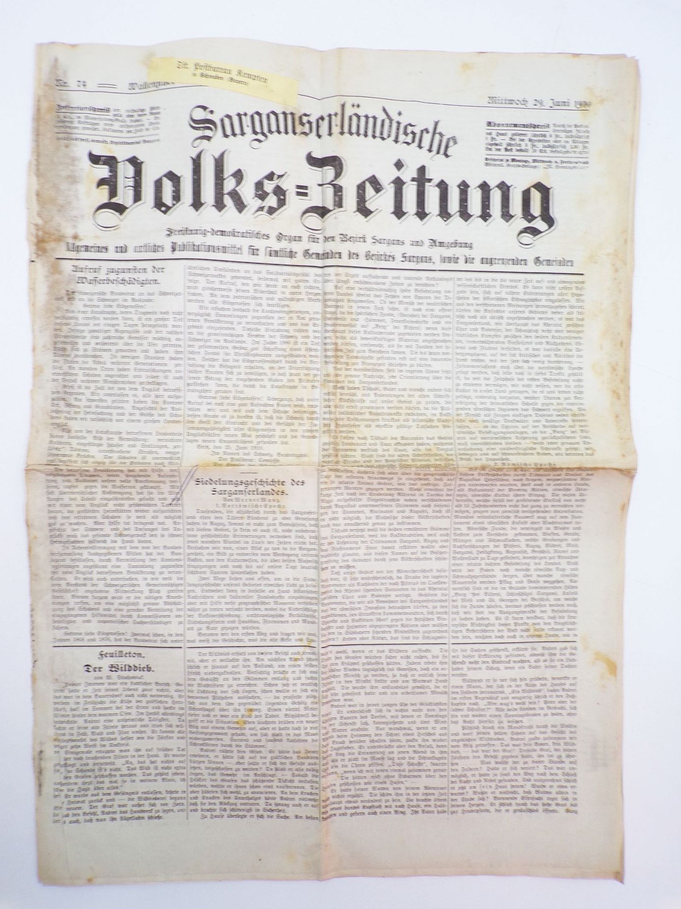 Sarganserländische Volkszeitung 1910 Sargan Schweiz Wallenstadt