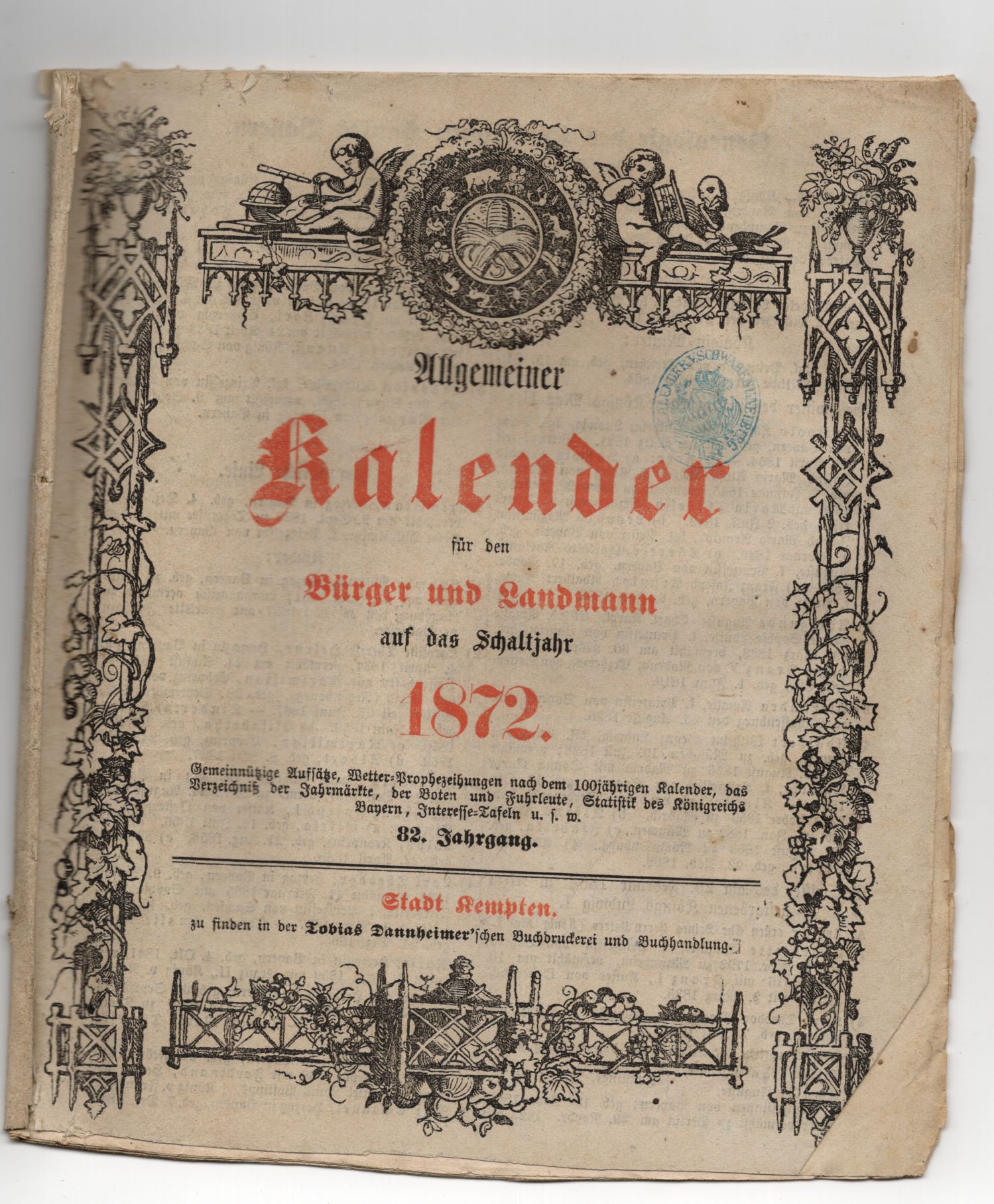 Allgemeiner Schreibkalender Bürger und Landmann 1872 Kempten 
