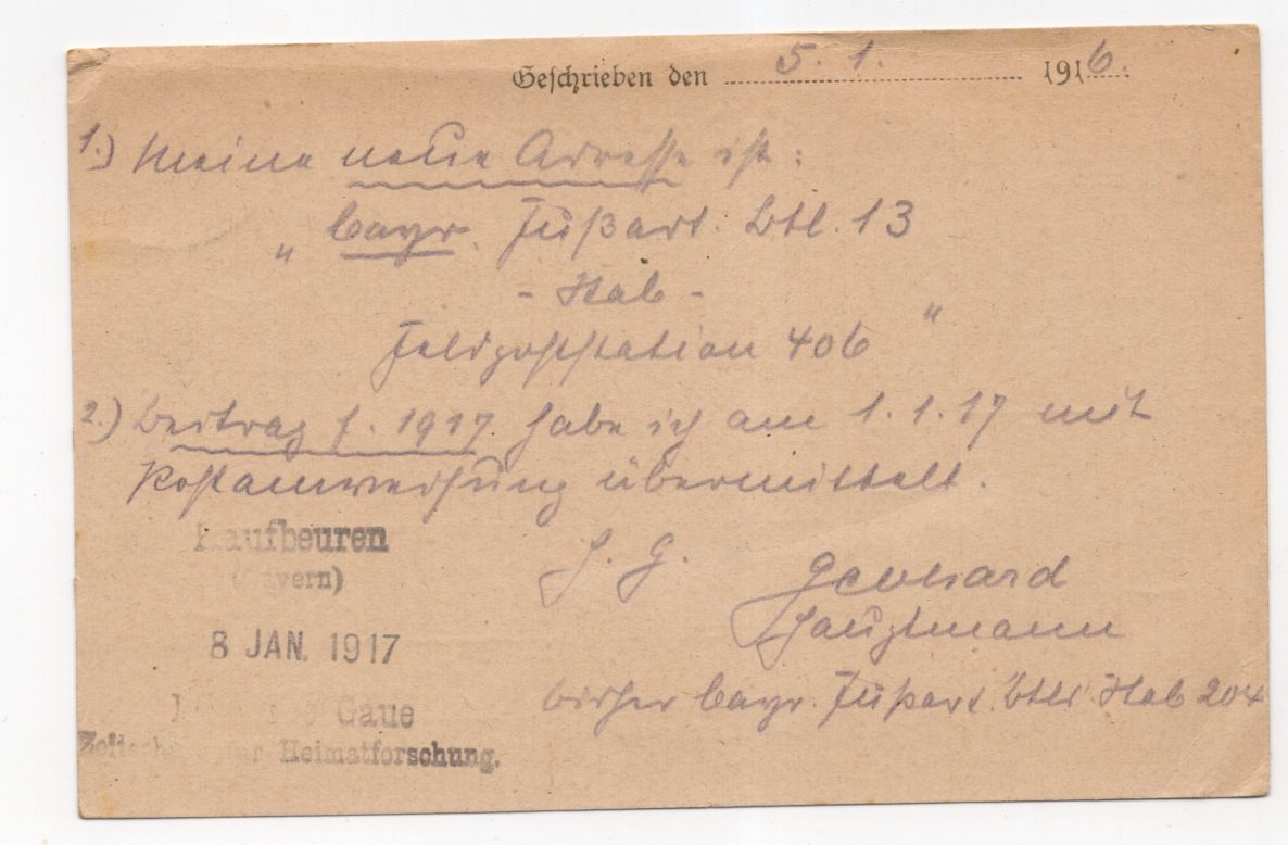 Feldpostkarte 1917 Bayerisches FAR Batl 13 Stempel Feldpostkarte 1917 Bayerisches FAR Batl 13 Stempel