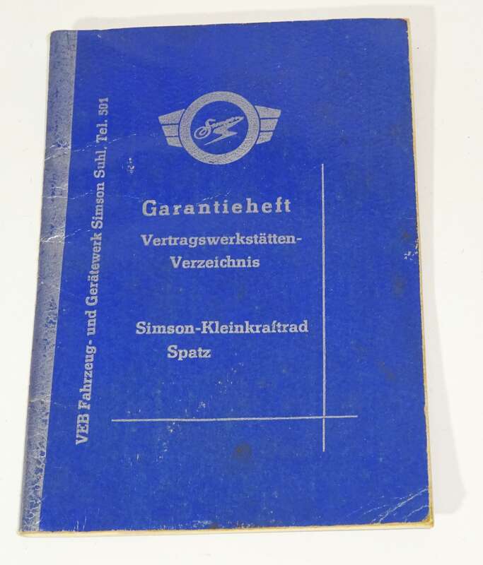 Garantieheft Vertragswerkstätten Verzeichnis Simson  Kleinkraftrad Spatz 1966 