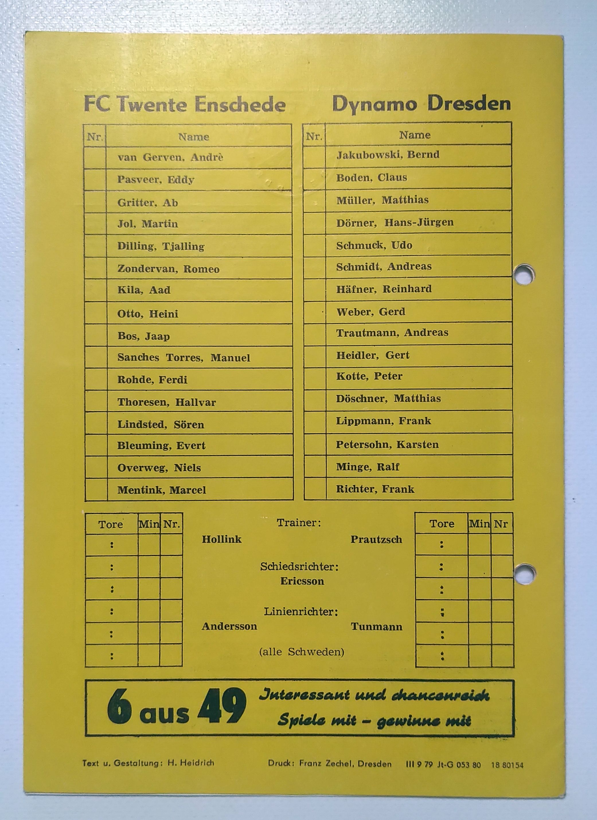 Fußball Programmheft 1980 FC Twente Enschede - Dynamo Dresden