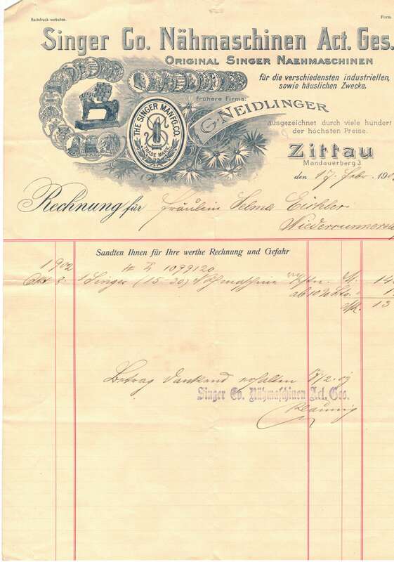 Litho Rechnung Singer Co Nähmaschine Neidlinger Zittau 1903 