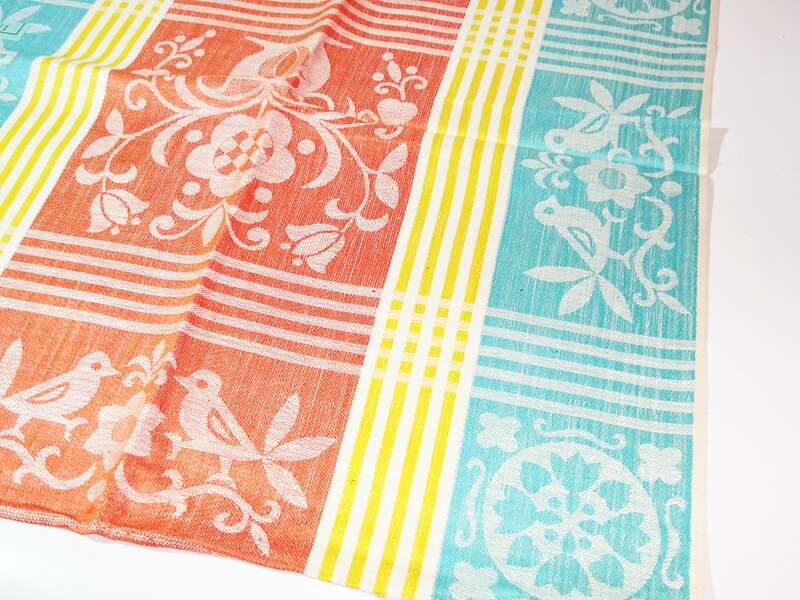 Altes Halb Leinen Geschirrtuch Gelb Rot Grün Bunt Vogel Motiv vintage 