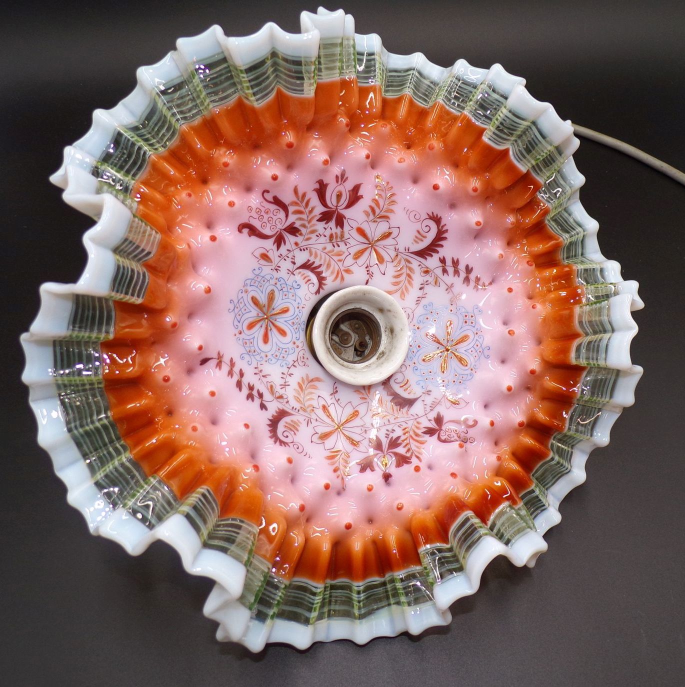 Alte Deckenleuchte Böhmen Glasmalerei um 1900 Rüschenlampe Antik 