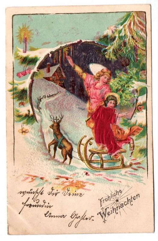 Fröhliche Weihnachten Postkarte mit Seide Engel mit Hirsch 1904 