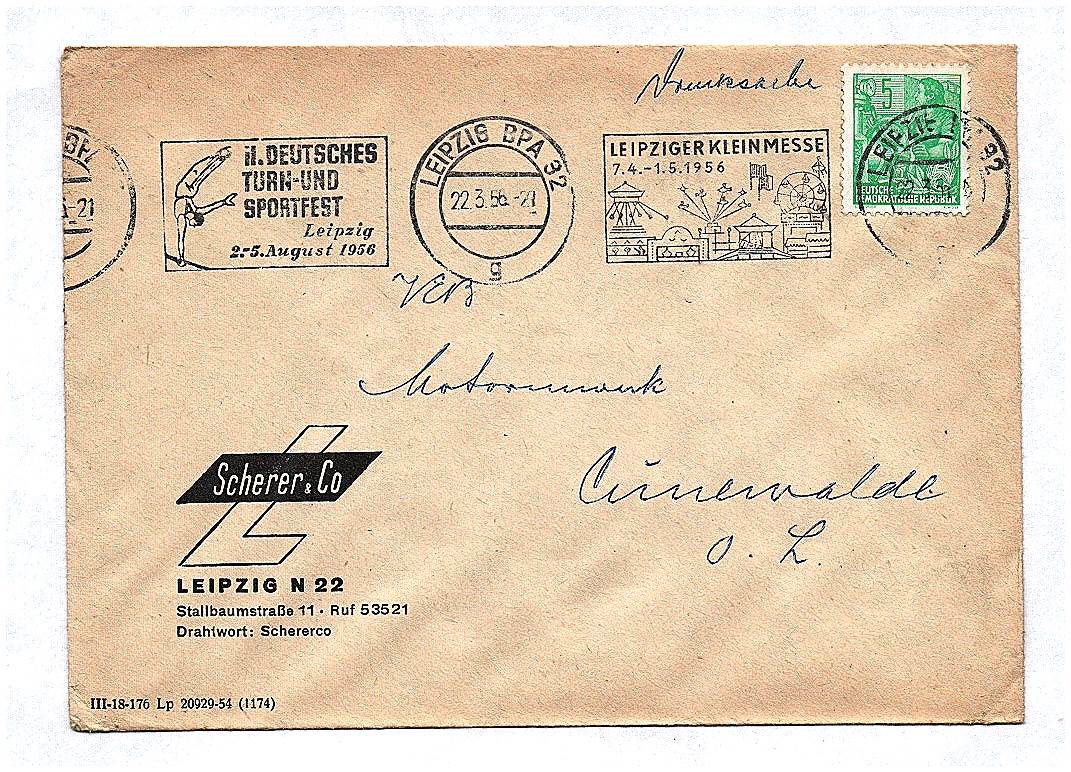 Brief DDR Scherer Co Leipzig an VEB Motorenwerk Cunewalde 1956