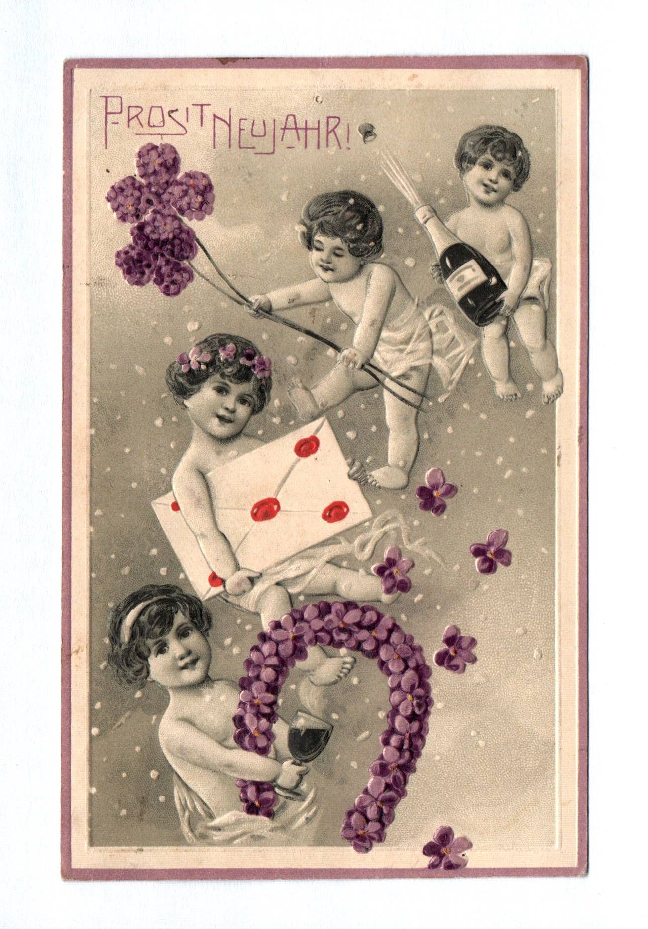 Künstler Ak geprägt Kinder mit Sekt und Brief 1908 Prosit Neujahr Künstler Ak geprägt Kinder mit Sekt und Brief 1908 Prosit Neujahr
