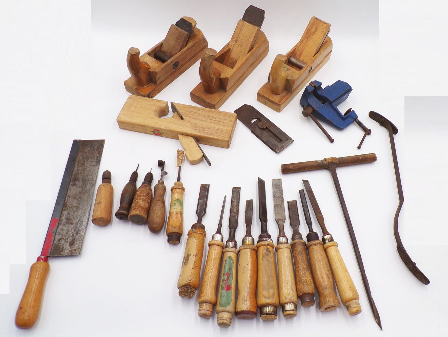 Altes Werkzeug Hobel Schraubstock Säge Bohrer Stemmeisen Tischler Schreiner