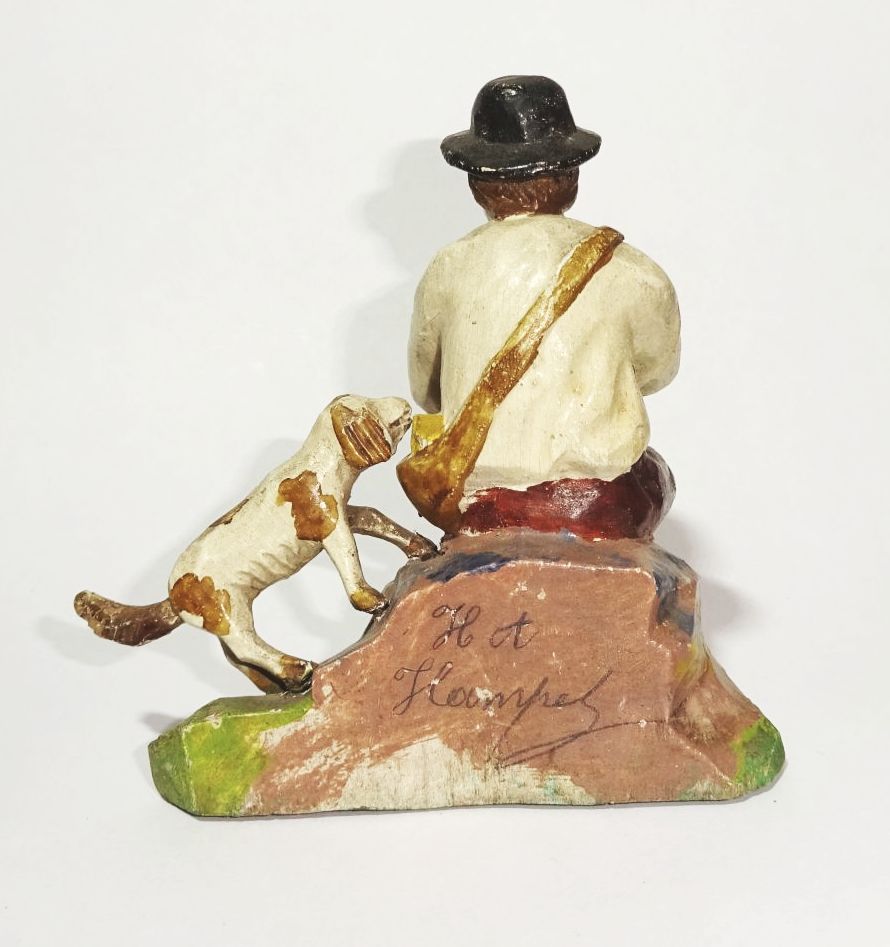 Geschnitzte Krippenfigur Flötenspieler mit Hund Hirte Lindenholz Uralt