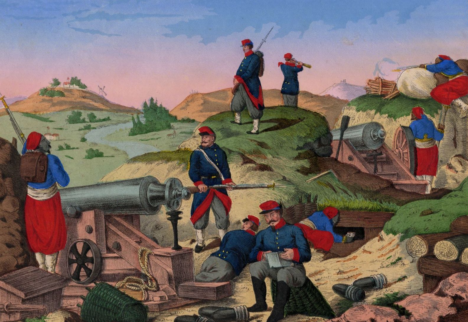 Alte Lithografie Batterie in den französischen Feldschanzen vor Paris um 1870