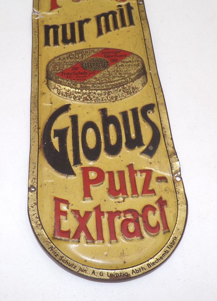 Altes Blechschild Türschild Globus Schuhcreme Pflegemittel um 1910 Altes Blechschild Türschild Globus Schuhcreme Pflegemittel um 1910