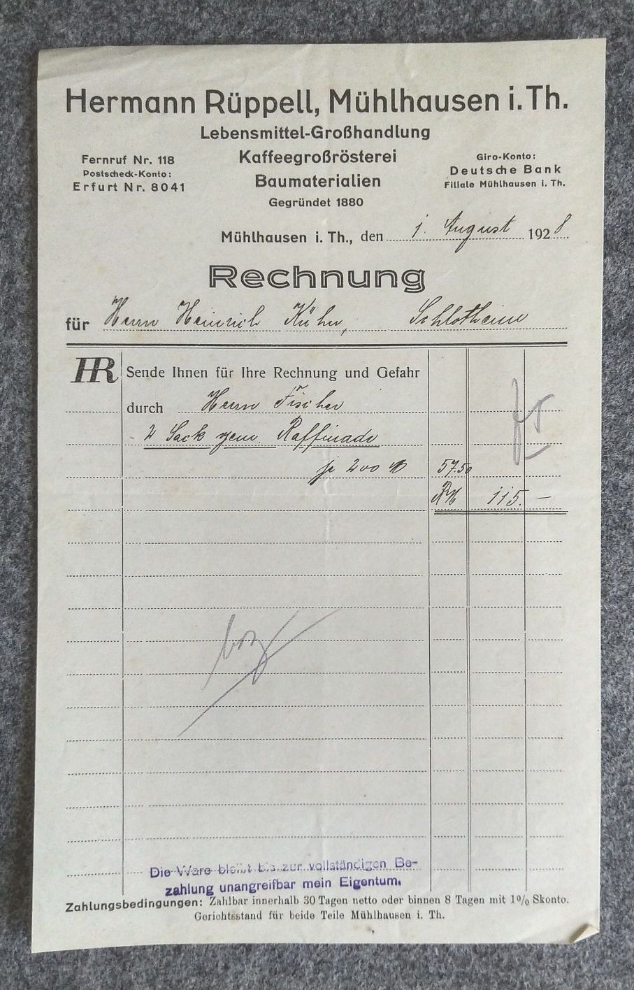 Rechnung Hermann Rüppell Mühlhausen Lebensmittel Großhandlung 1928 Rechnung Hermann Rüppell Mühlhausen Lebensmittel Großhandlung 1928