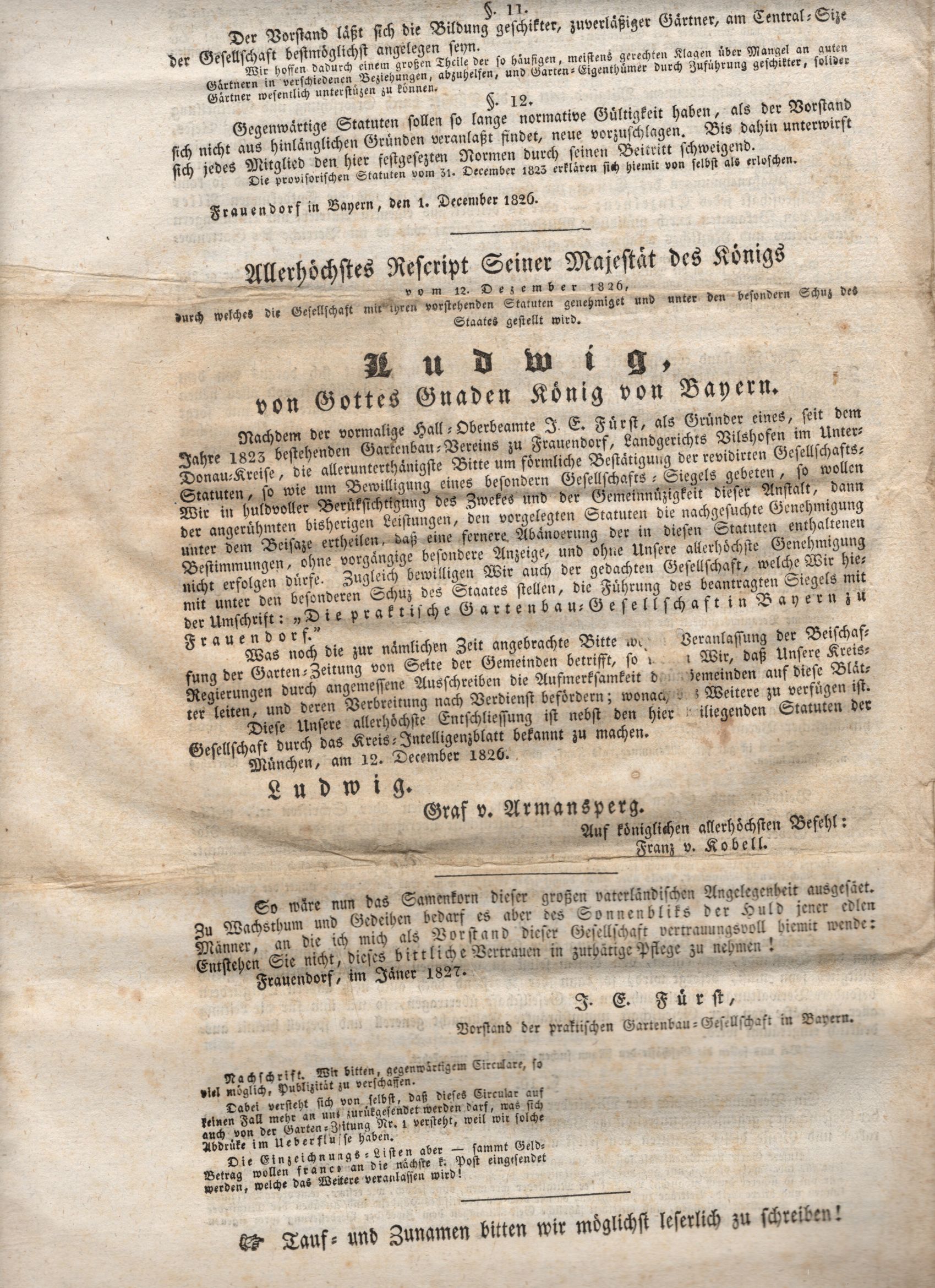 Gründung Gartenbau Gesellschaft Frauendorf Bayern 1826 König Ludwig 