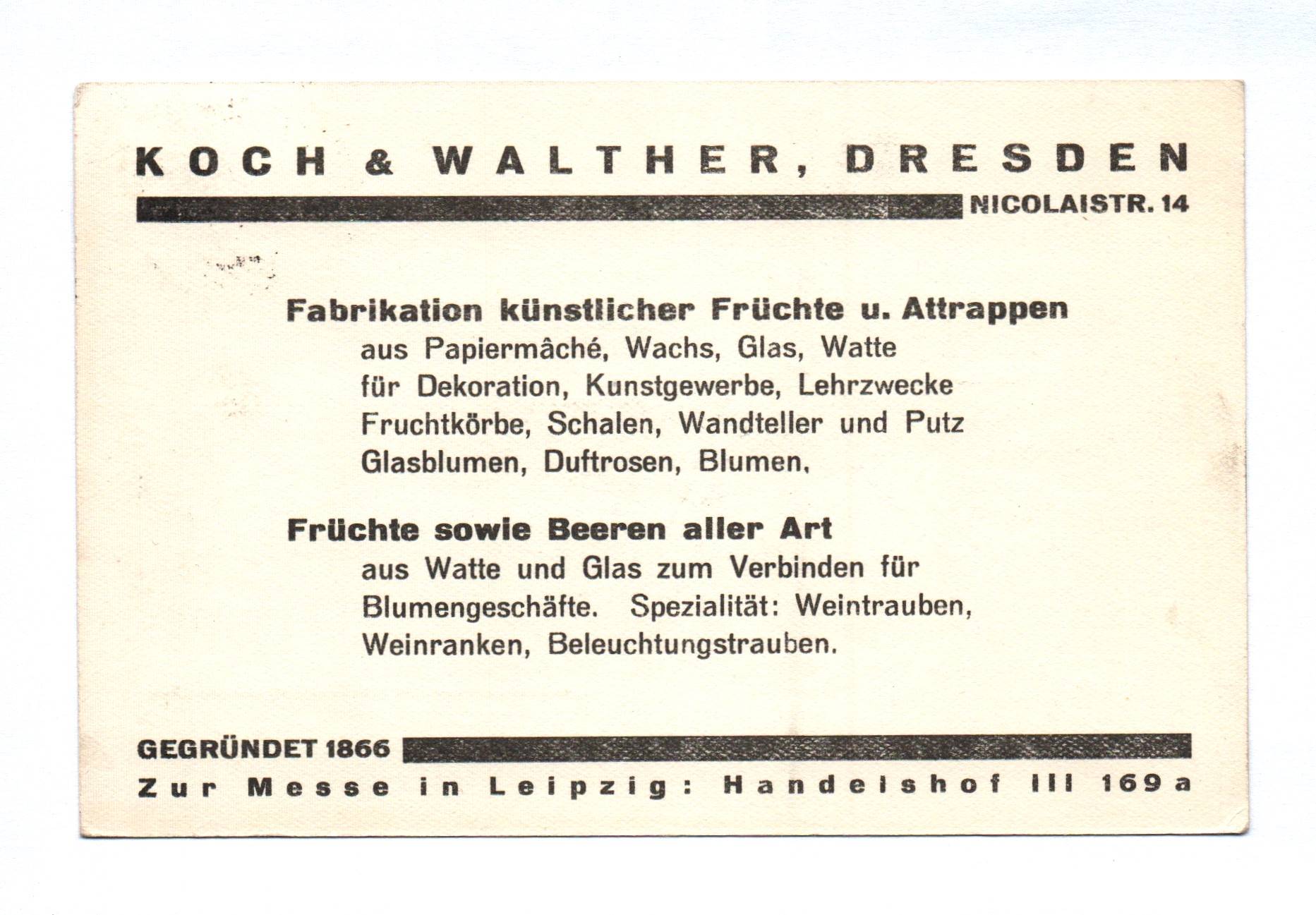 Visitenkarte Koch & Walther Dresden Fabrikation künstliche Früchte 1929 Visitenkarte Koch & Walther Dresden Fabrikation künstliche Früchte 1929