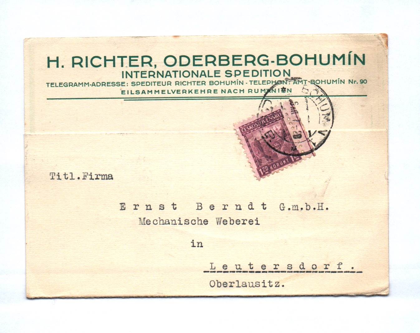 Brief H Richter Oderberg Bohumin Internationale Spedition