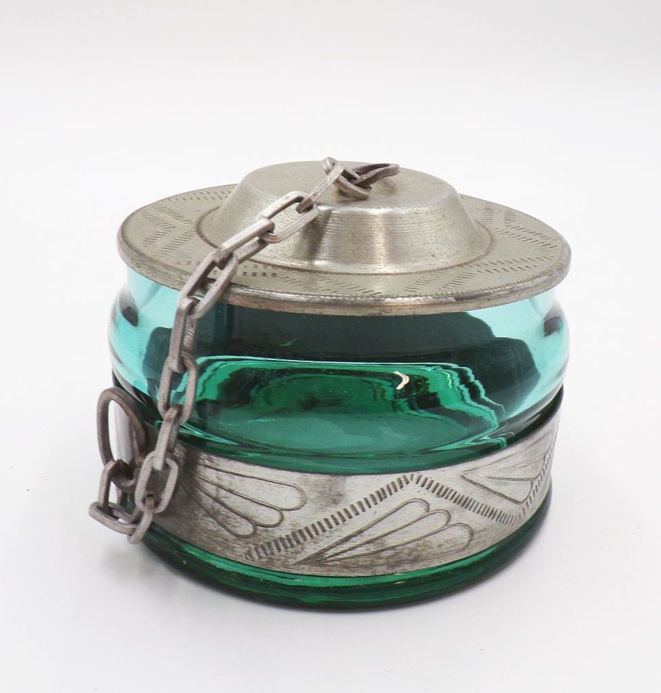 Altes Glas mit Metalldeckel Kette Grün Antik Behälter Vorratsgefäß 