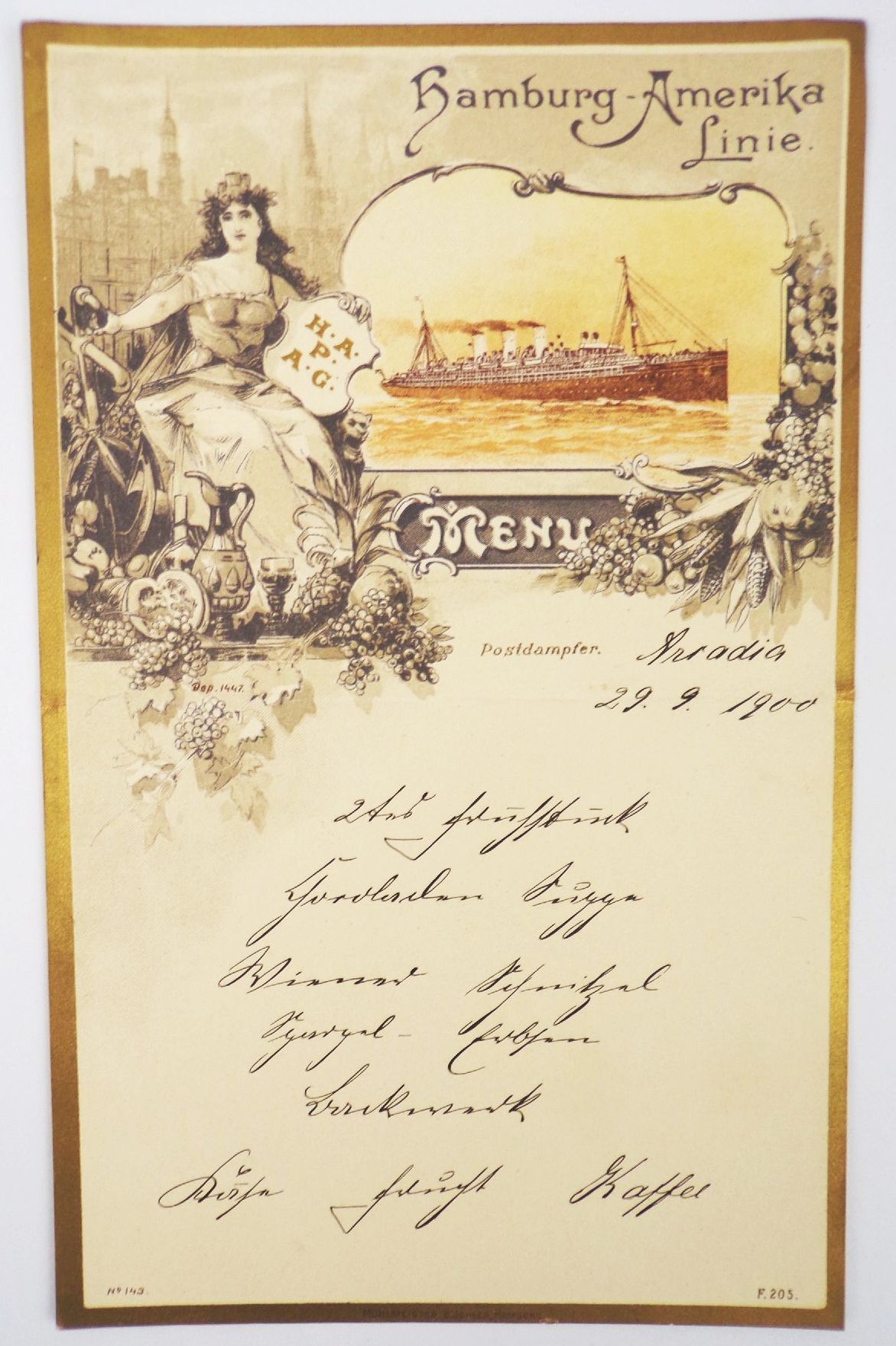 Hamburg Amerika Linie Menü Karte 3 x Speisekarte 1900 Litho 