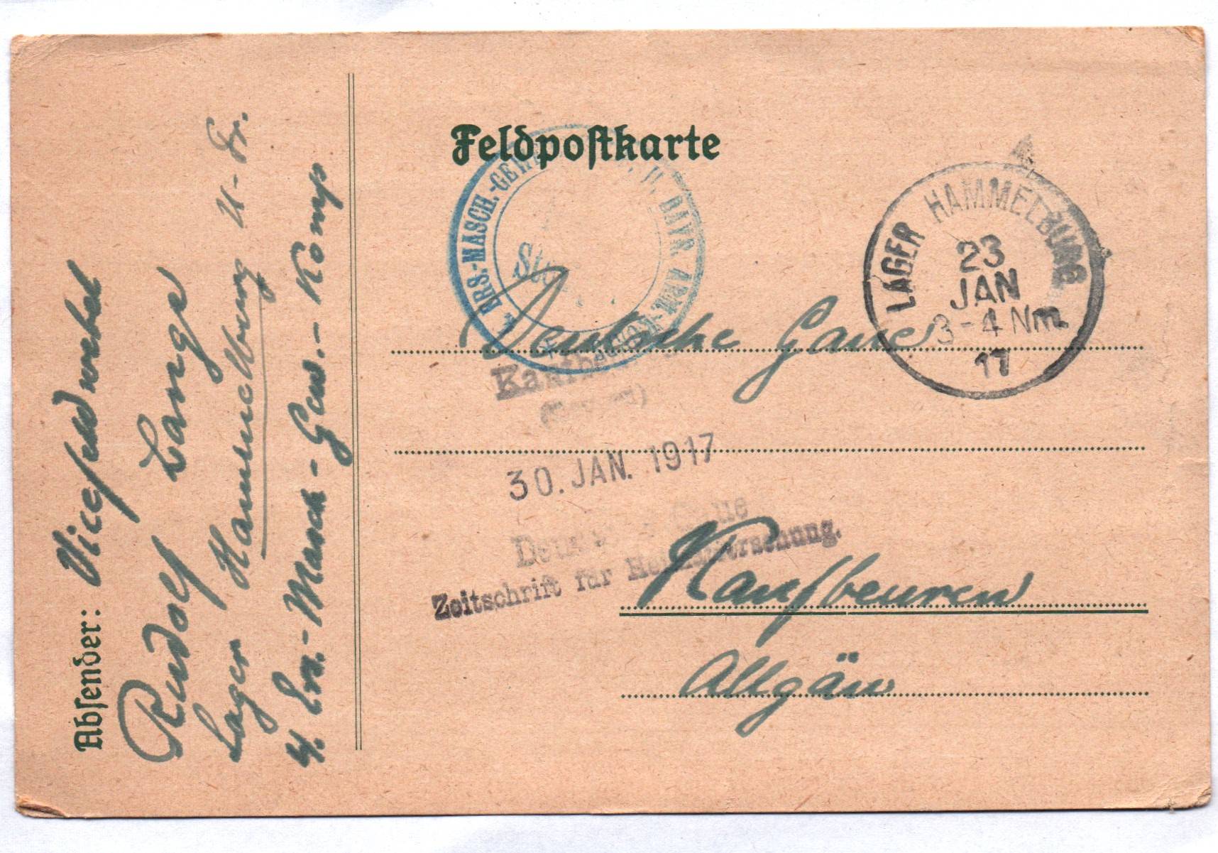 Feldpostkarte 1917 Vicefeldwebel Lager Hammelburg 4 Ers MG Kompanie 
