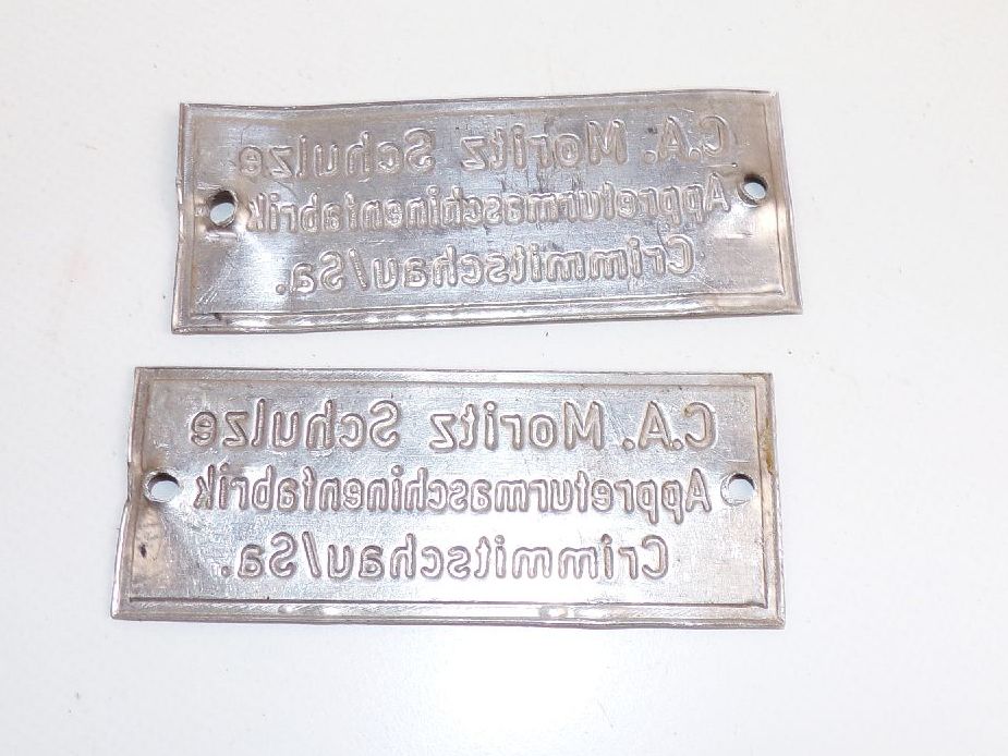 Alter Schilder Schulze Appreturmaschinenfabrik Crimmitschau Sachsen 2 Stück Blechschild