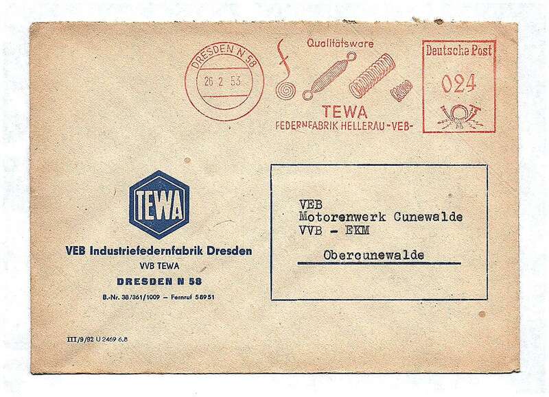 VEB Industriefedernfabrik Dresden VVB TEWA 1953 DDR Brief