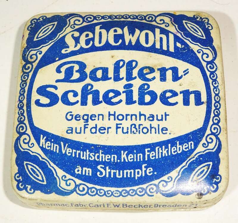 Alte Lebewohl Ballen Scheiben Blechdose gegen Hornhaut 1920er 