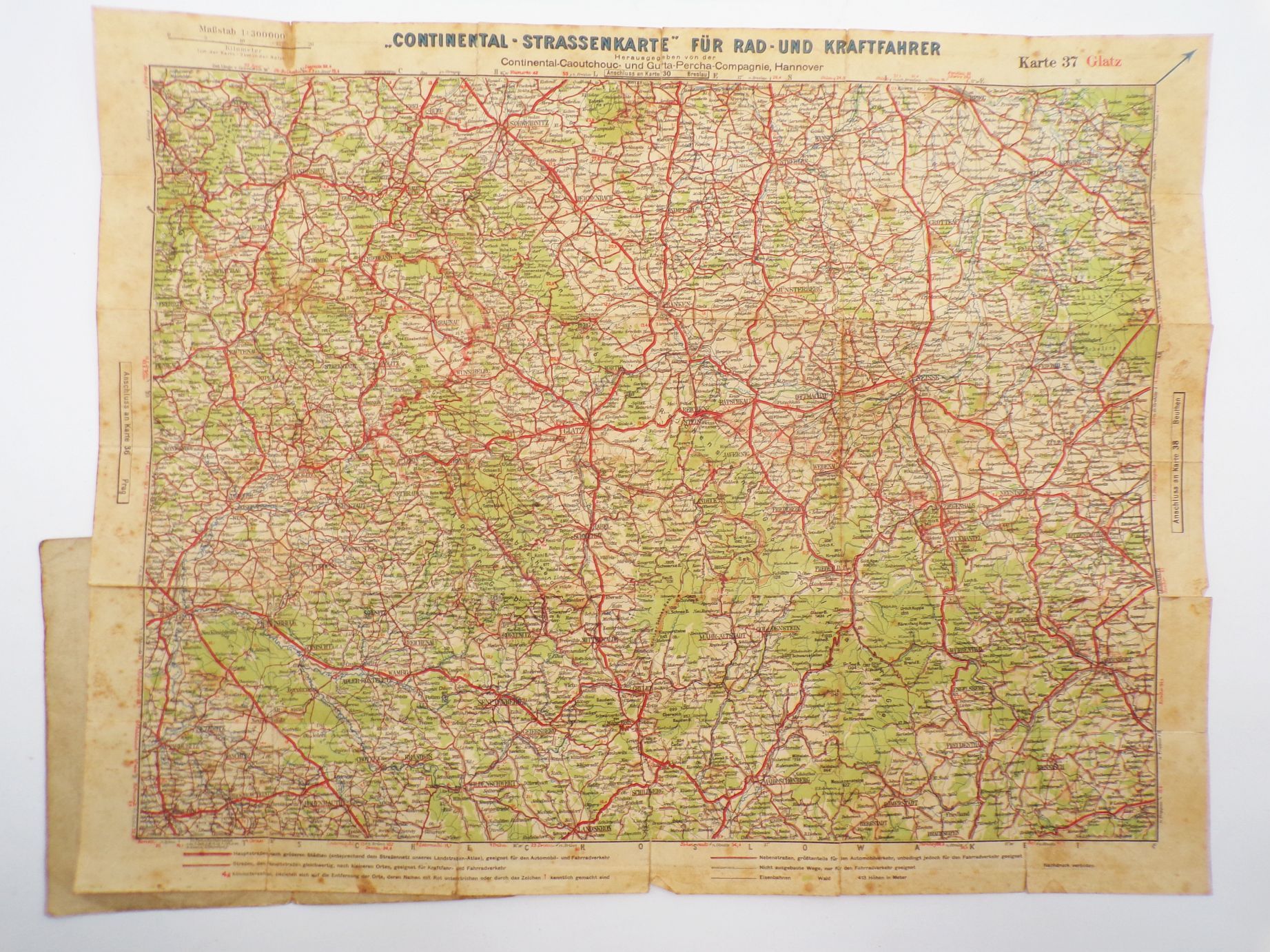 Alte Continental Straßenkarte für Rad und Kraftfahrer Karte 37 Glatz Schlesien