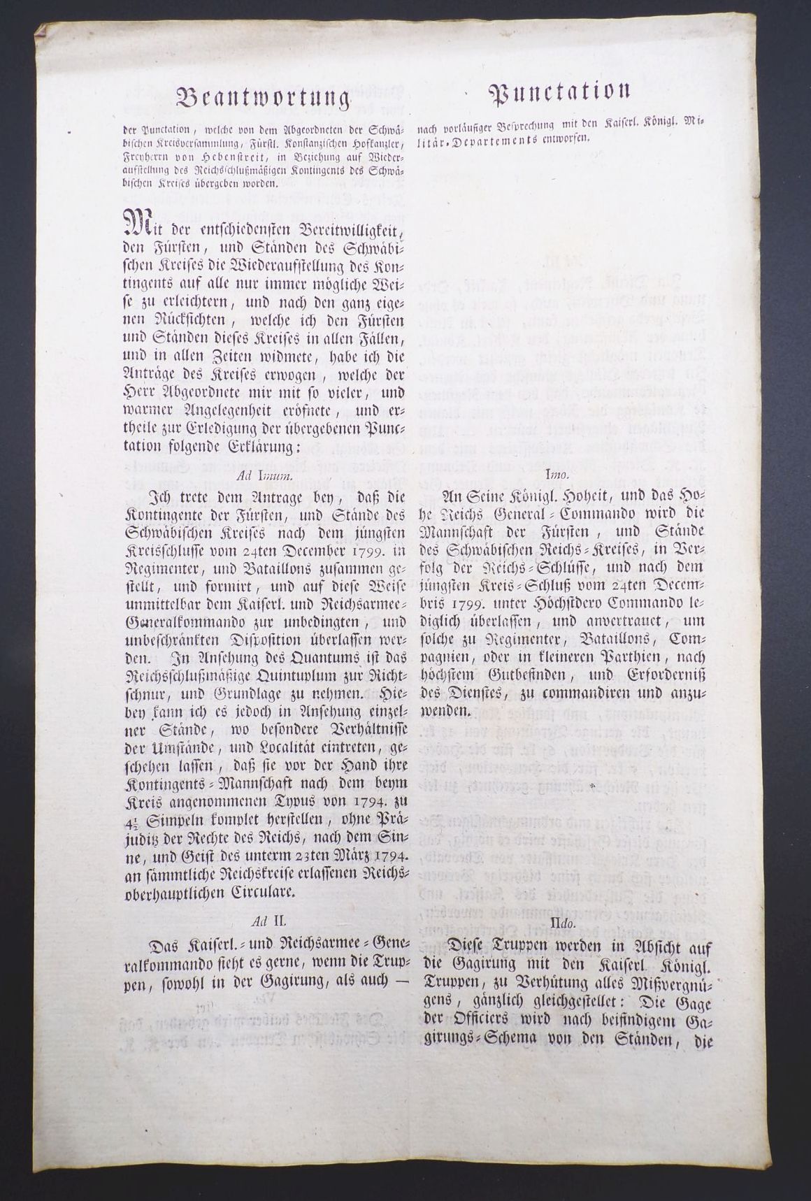 Dekret Freiherr von Hebenstreit Donaueschingen 1800 Truppen Stellung Militär