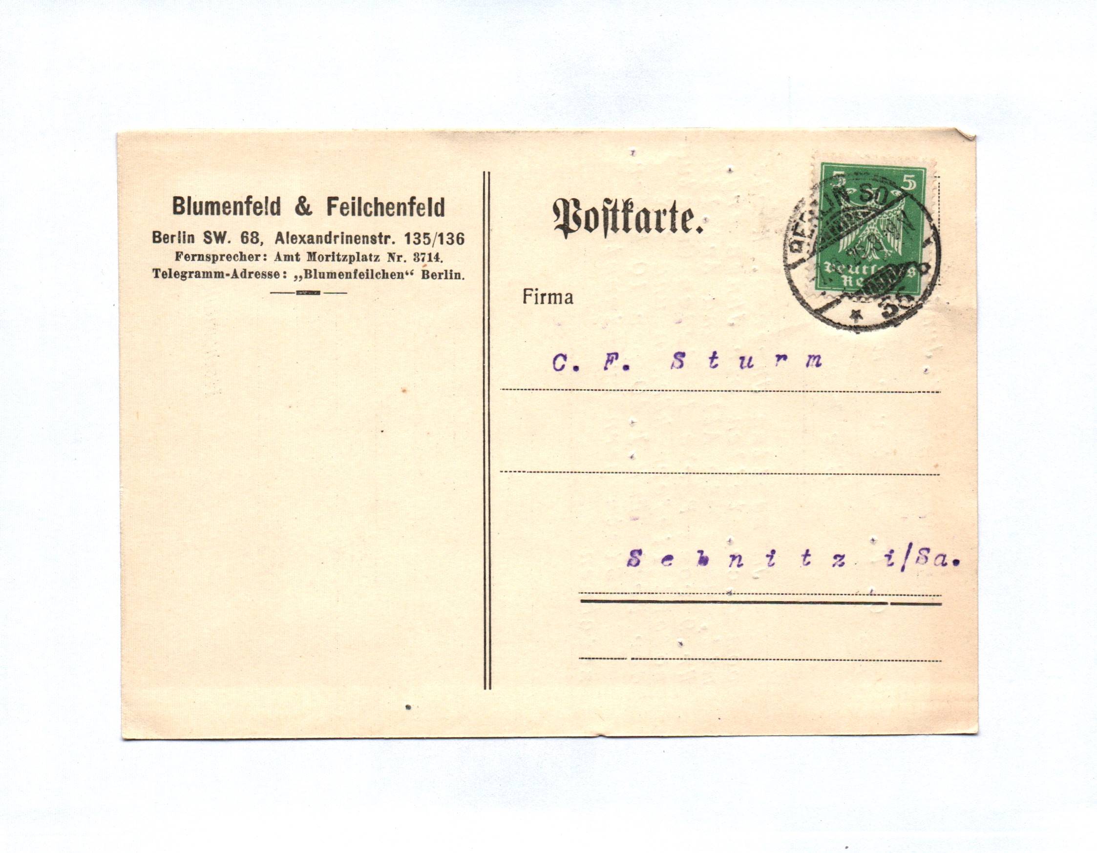 Postkarte Blumenfeld und Feilchenfeld Berlin 1926 Postkarte Blumenfeld und Feilchenfeld Berlin 1926