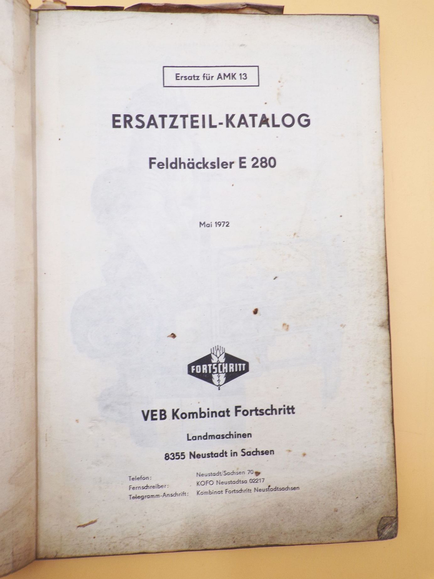 Ersatzteil Katalog Feldhäcksler E280 Fortschritt Neustadt 1972 Original DDR