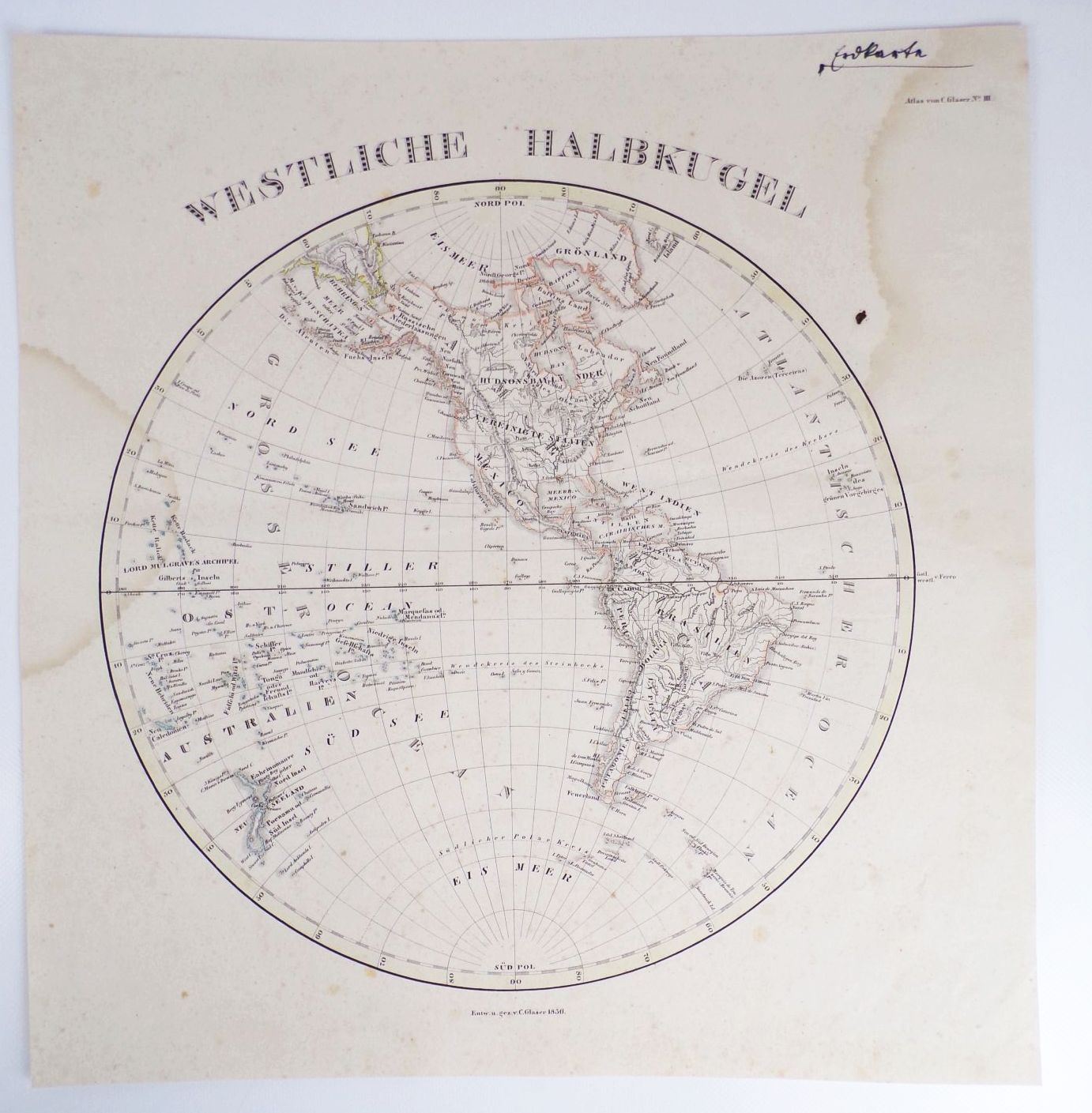 Westliche Halbkugel Glaser Atlas 1836 Stahlstich koloriert Druck