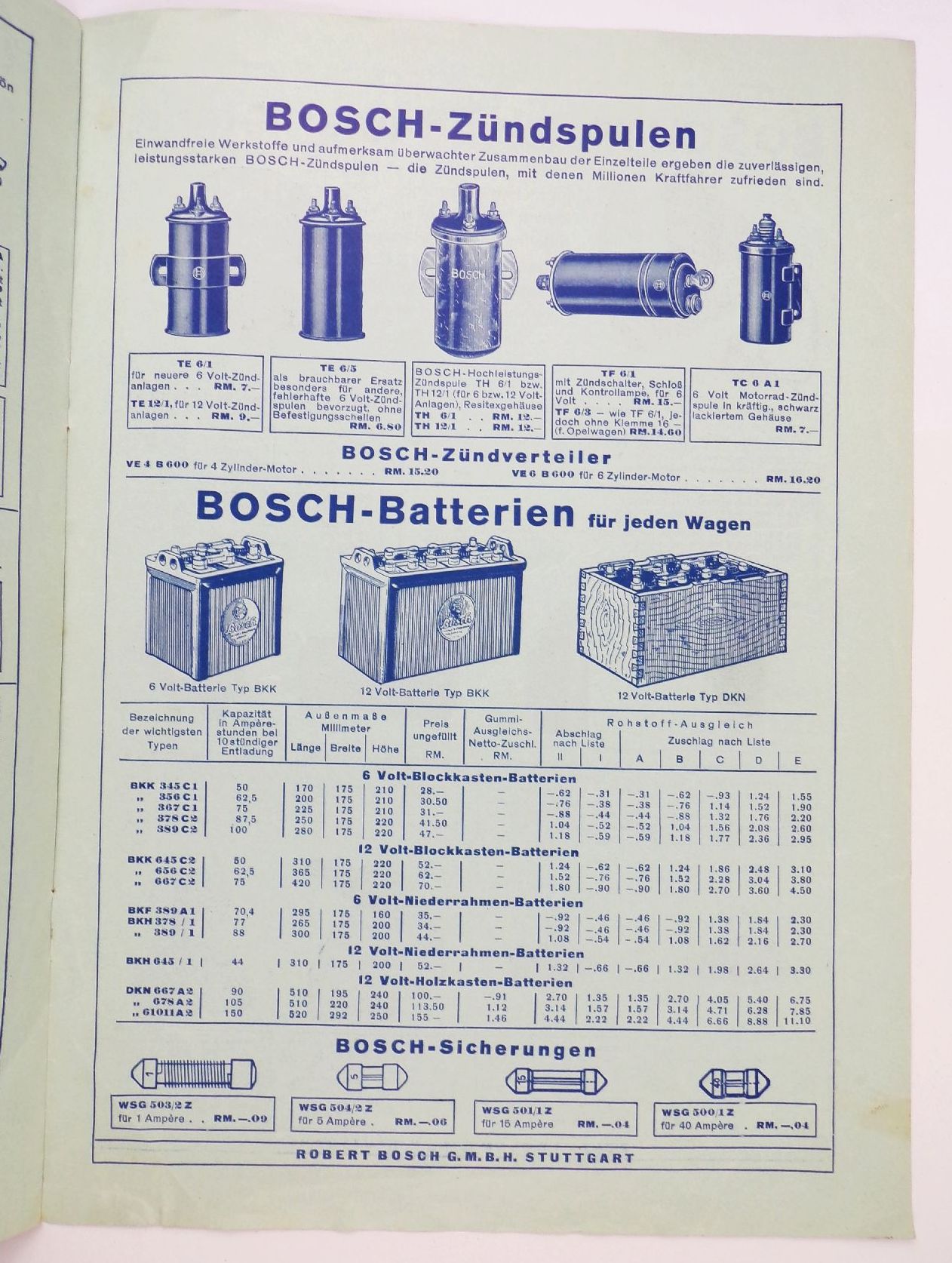 Reklame Prospekt Bosch KFZ Zubehör Zündkerzen Scheinwerfer 1938