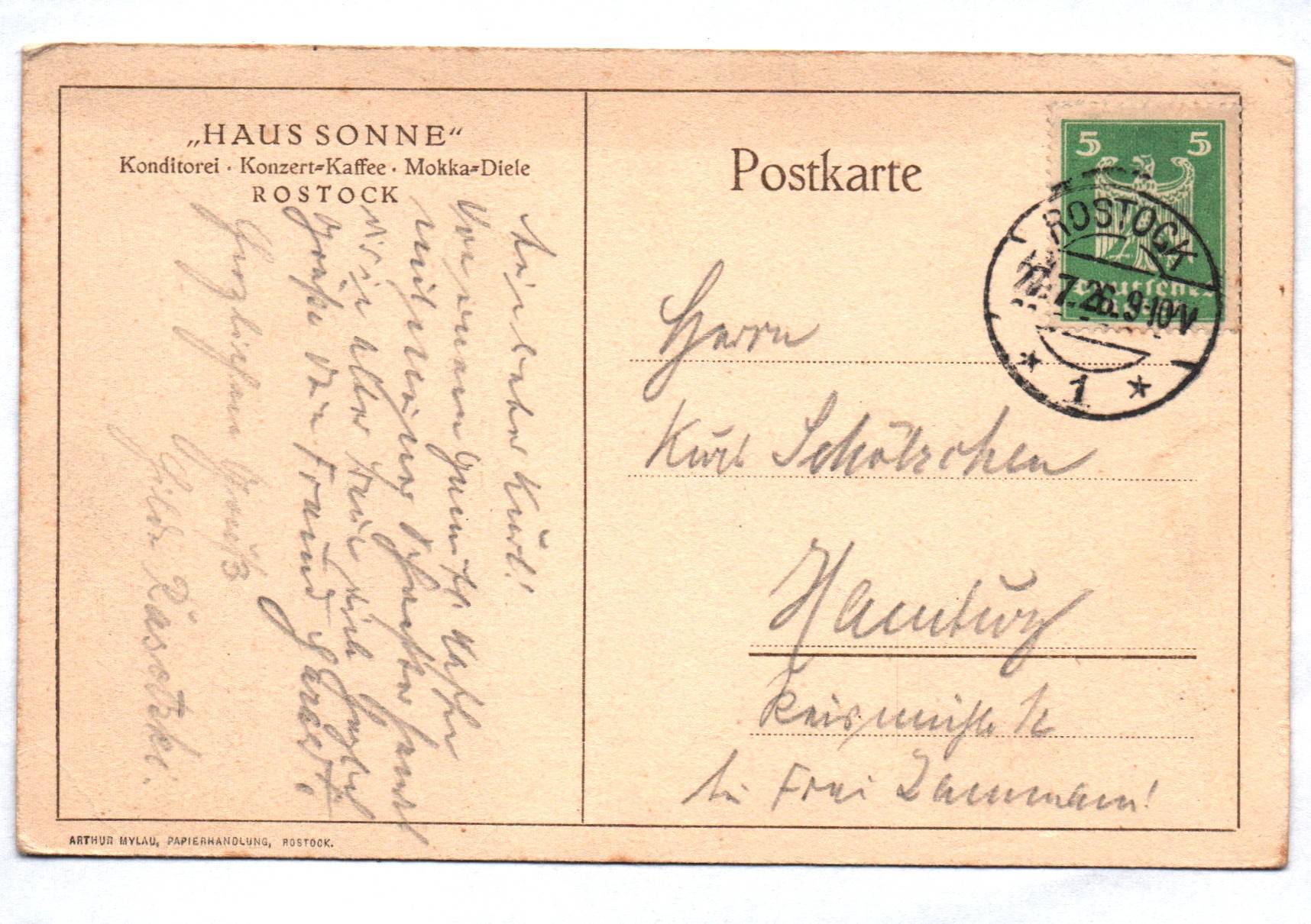 Ak Rostock Haus Sonne Konditorei Konzert Kaffee 1926